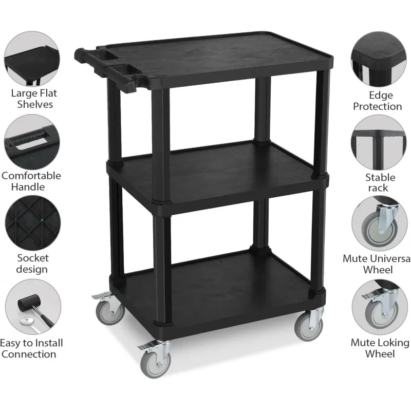 3-Tier Plastic Flat Utility Cart, Commercial Rolling Service Cart on Wheels with Braker, Multi-Function Handle and Large Capacit