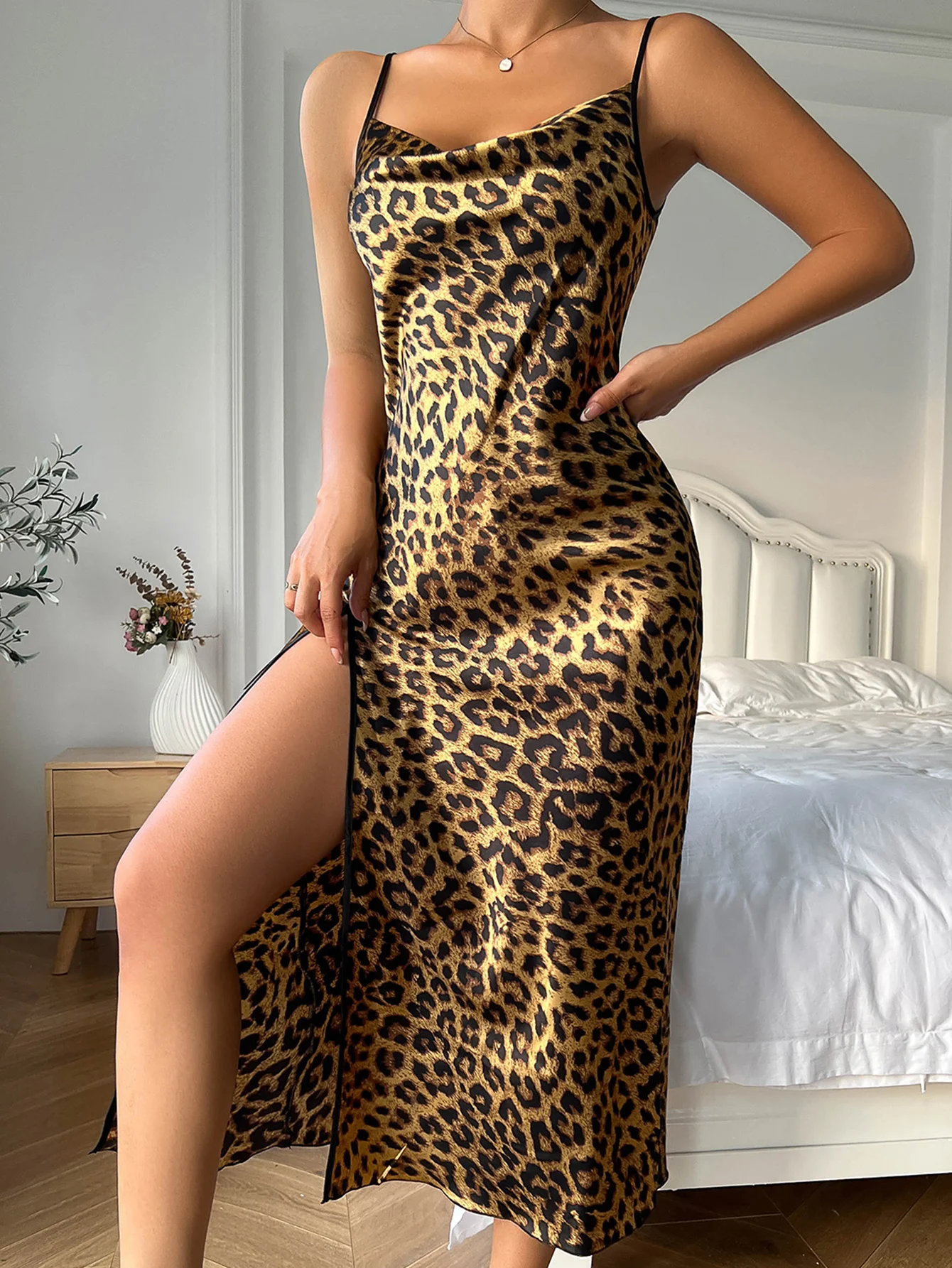 leopard/floral print split nightdress sexy V neck backless sleep dress spaghetti strap sleepwear women ice silk nightgowns