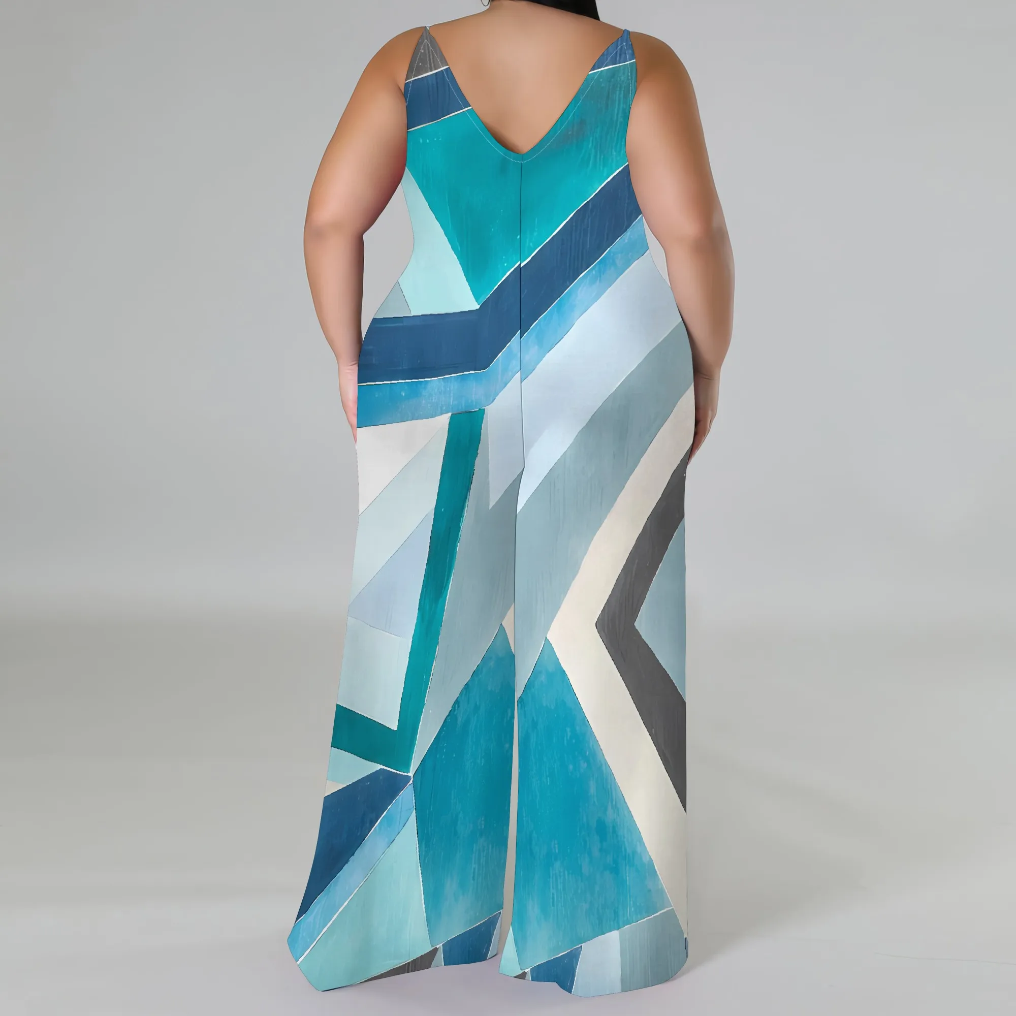 Plus Size Geometric Stripe Jumpsuit with Matching Head Wrap Wide Leg Sleeveless Outfit