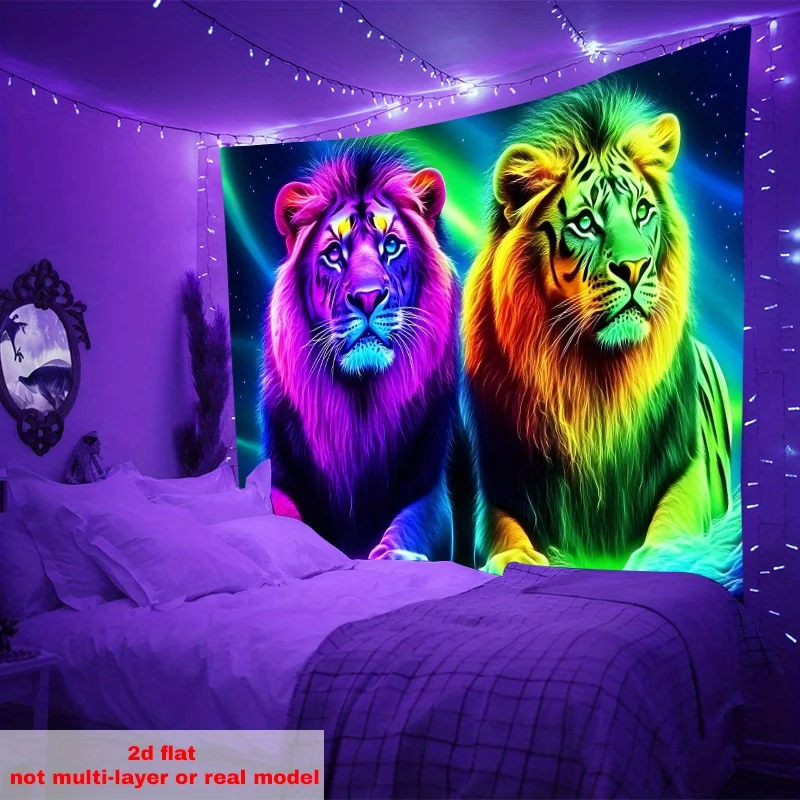 VIKAMA Cyber Neon Double Lion Tapestry Esports Room Colorful Decorative Carpet Bedroom Living Room Sofa Decorative Tapestry