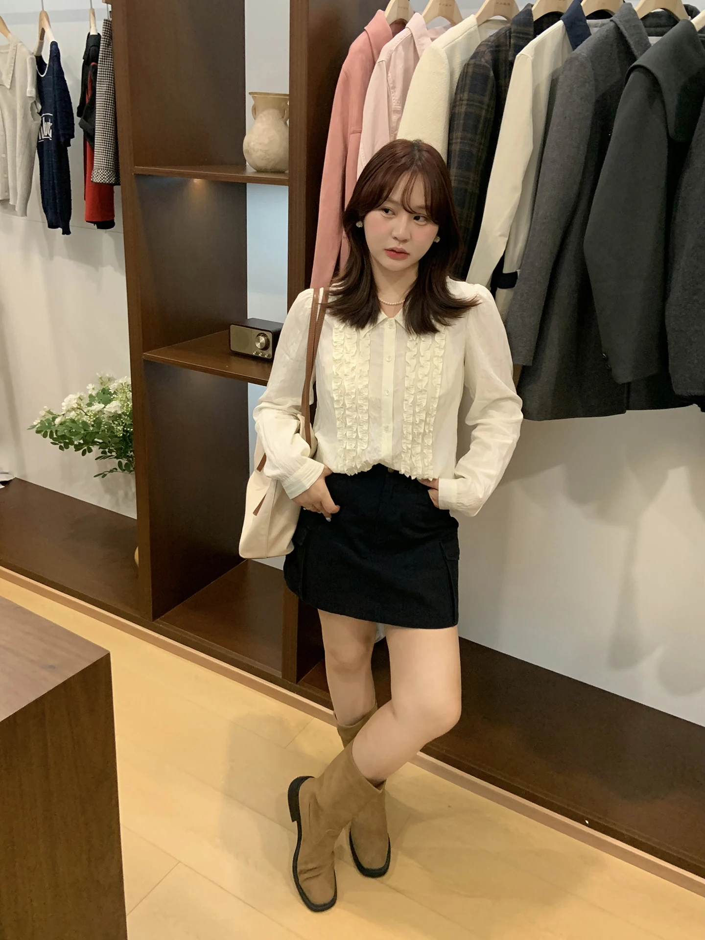 

Sweet Sle Textured Long Sve Women's irt Floral Trim plus Size Top Comfortable Non Deformable Material Korean Faion