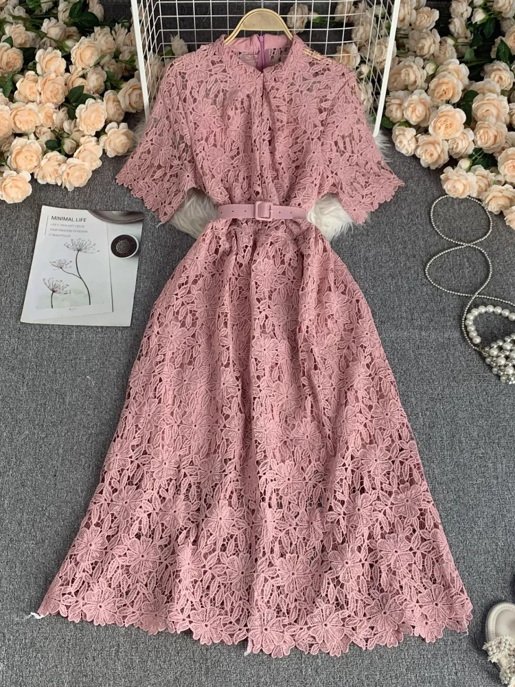 

Women Vintage Elegant Beach Party Dress Summer Round Neck Heavy Duty Hollow Carving Lace Dress Ladi High Waist Slim A-line Dress