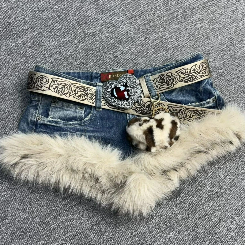 Japanese Gothic Style Denim Shorts Women Vintage Fashion Plush