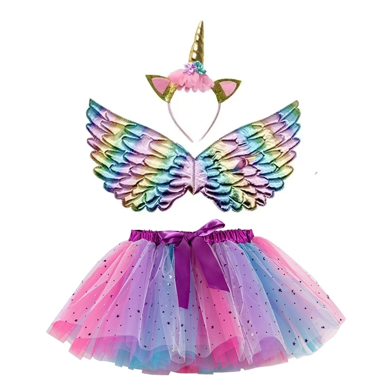 Girl Birthday Party Costumes Unicorn Horn Headband Cute Fairy Wing and Sparkle Tutu Skirt Set for Princess Cosplay Kids Outfits