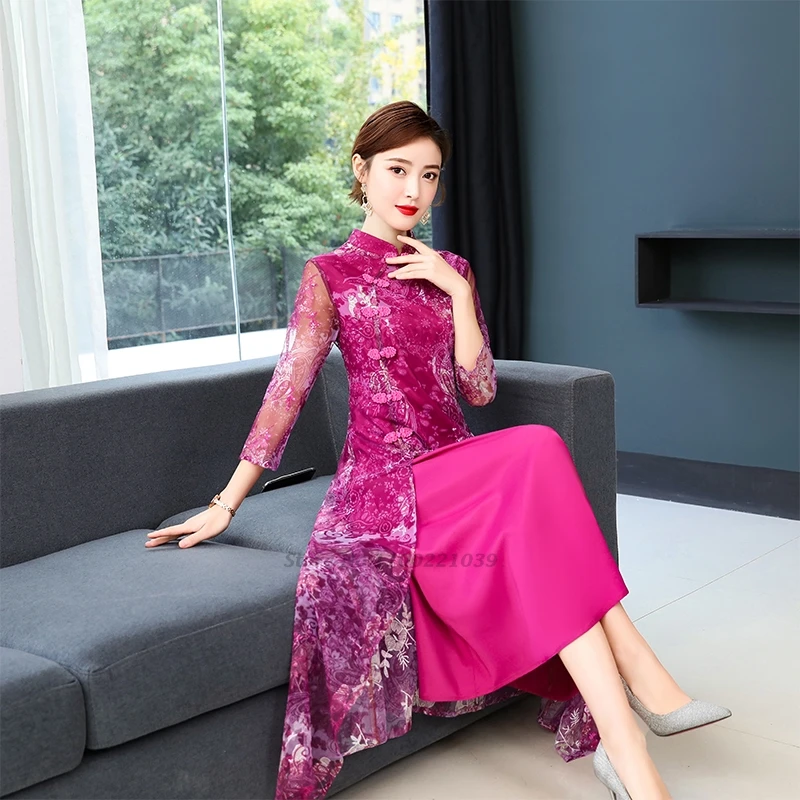 2026 chinese vintage dress improved cheongsam women traditional flower mesh qipao dress oriental banquet evening dress vestido