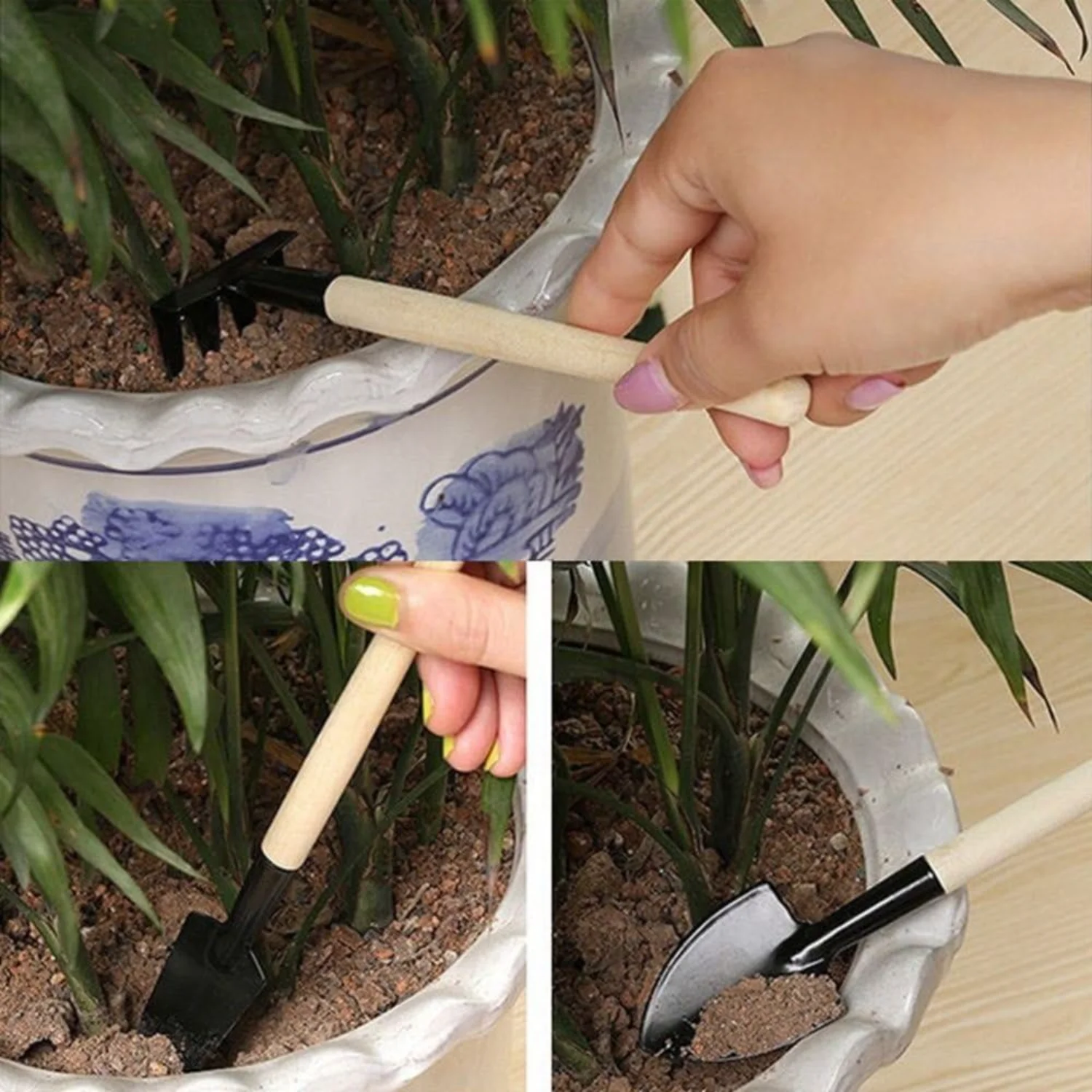 Garden Hand Tool  Plant Gardening Shovel  Rake Trowel Wood Handle Metal Head Gardener 3Pcs