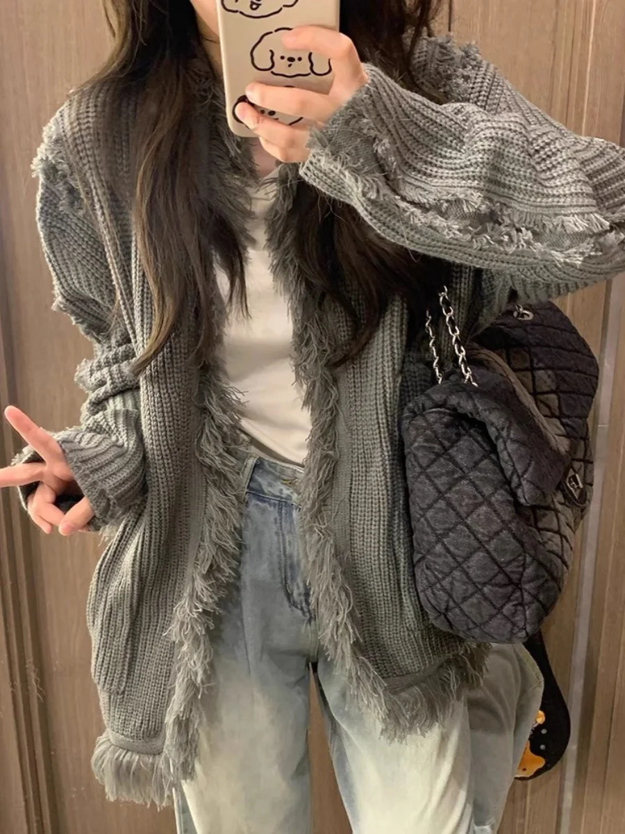 

Ay Вязаный свитер с кисточками, кардиган, весна-осень, уникальный дизайн, женский топ в американском стиле ретро, свободный крой, длинный свеч V-Ne