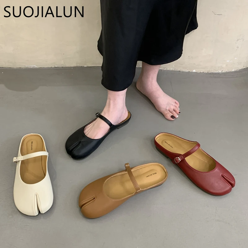 SUOJIALUN 2023 Autumn Women Slipper Fashion Split Toe Flat Heel Casual Slip On Mules Shoes Soft Shallow Ladies Outdoor Sandal Sl