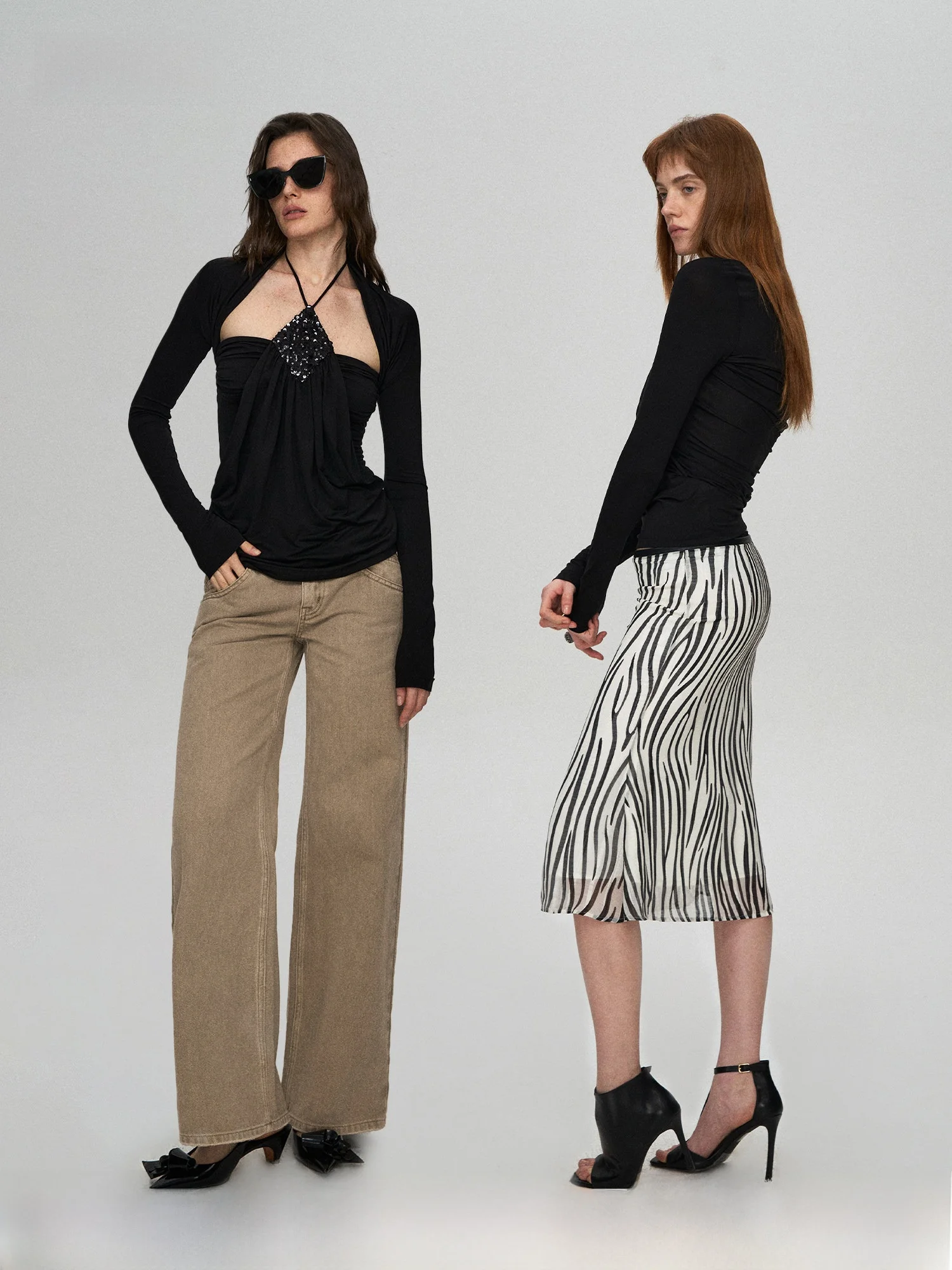 

PRRP 93 La Ropa Two-Piece Set Long Sve T-irt Ne Hanging Pleated Tube Top Versatile Wear Women's Simple Sle Clothing
