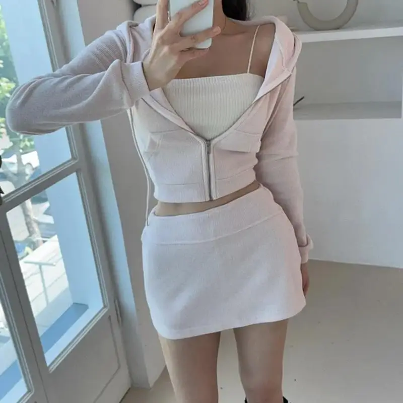 

5STUDIO New Autumn Girl Hooded Zipper Knitted Cardigan Low Waist ort Skirt Set Faionable Women's Ensemble Long Sve Po...