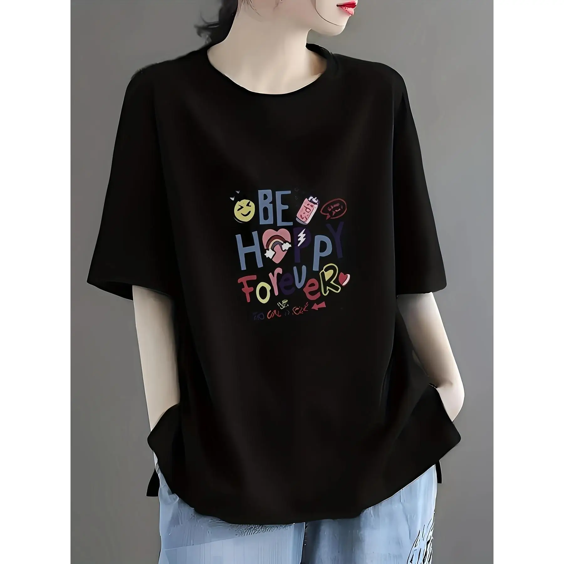 

Women's Casual Short Sleeve T-shirt With Colorful Emojis And Playful Fonts - Soft Crew Neck Top For Spring, Summer And Autumn
