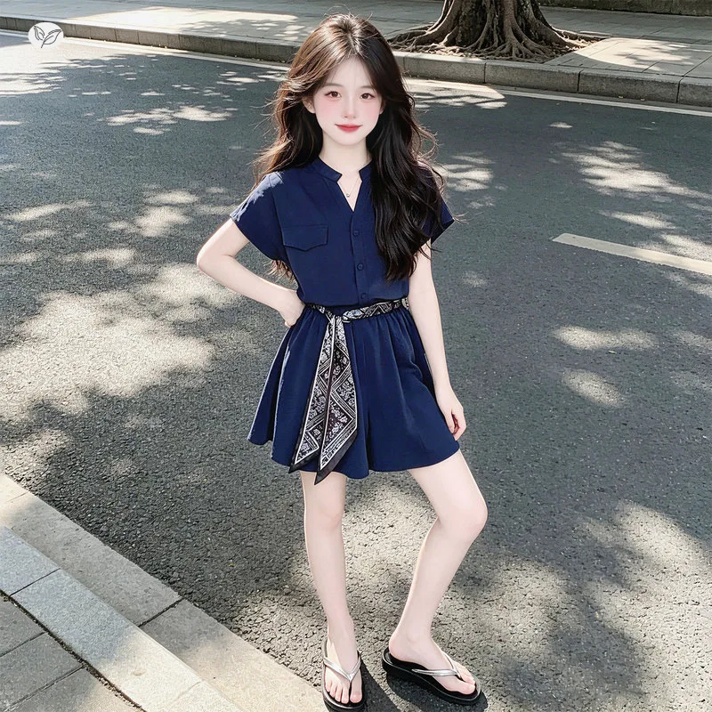 Girls' Chiffon Set Summer New Style 4-14 Year Old Korean V-neck Shirt T-shirt Three Leg Pants Shorts Two Piece Set