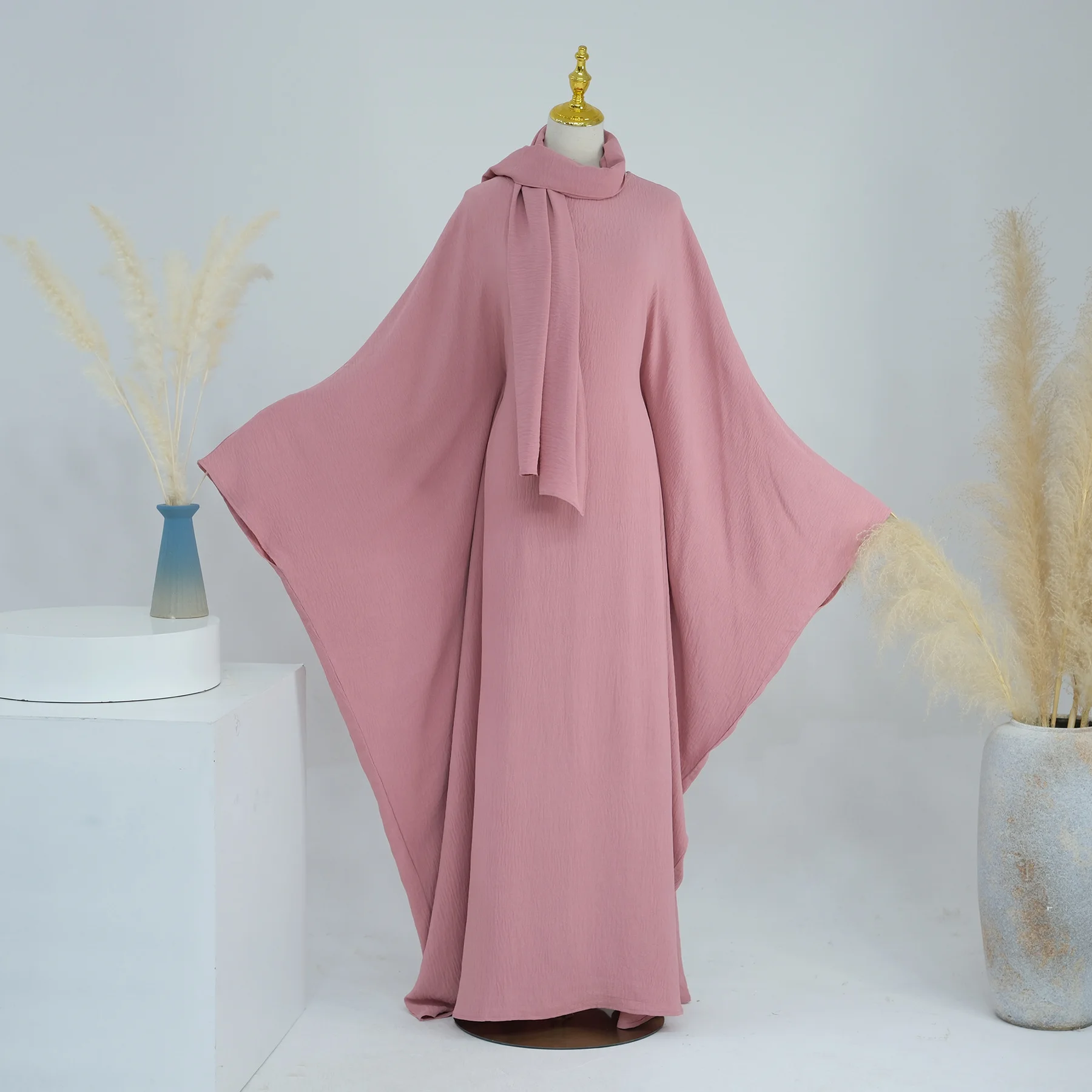 Abaya Dubai ชุดเดรสแขนค้างคาวเอวรวมของมุสลิม, ชุดกระโปรงคาฟตันมุสลิมอิสลาม + ที่คาดผมอาบายาจัดส่งฟรี