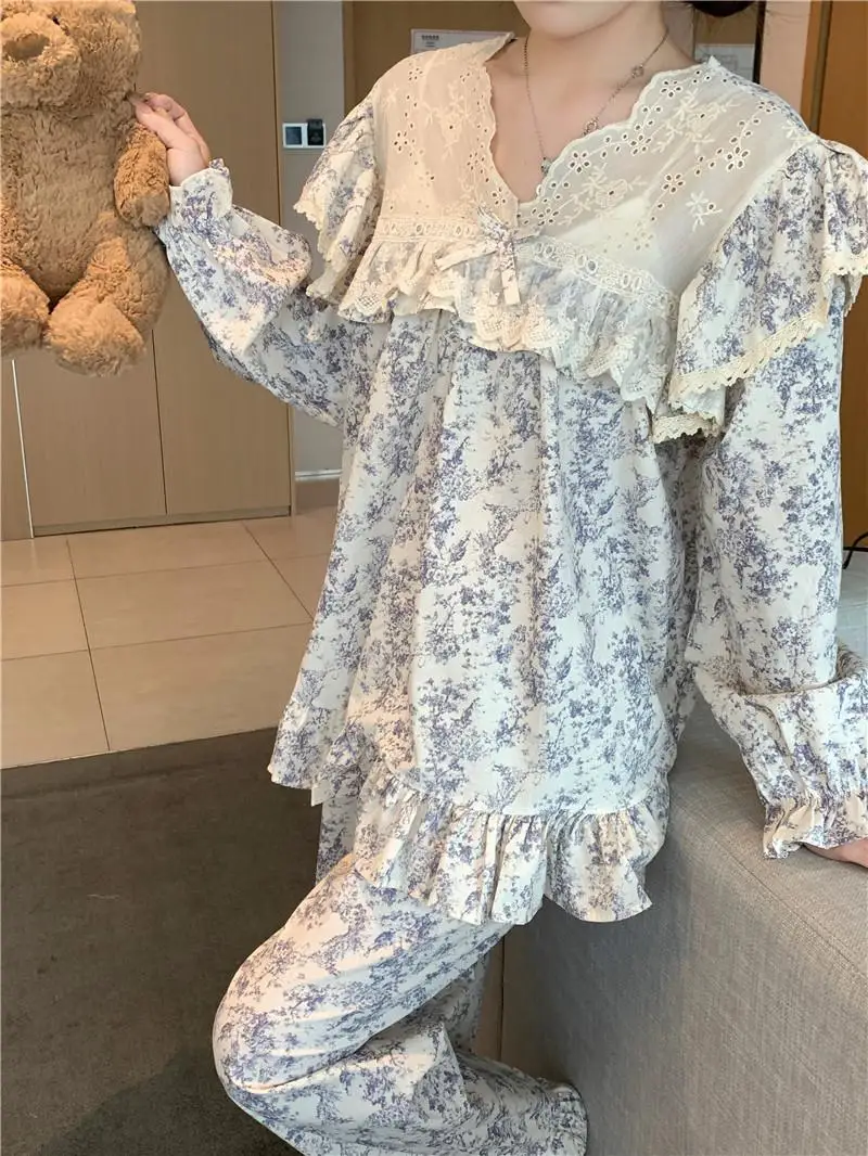 Conjuntos de pijamas para mujer, versión coreana de corte de algodón, ropa de dormir Sexy, camisones, estilo princesa, conjunto de ropa de descanso de encaje