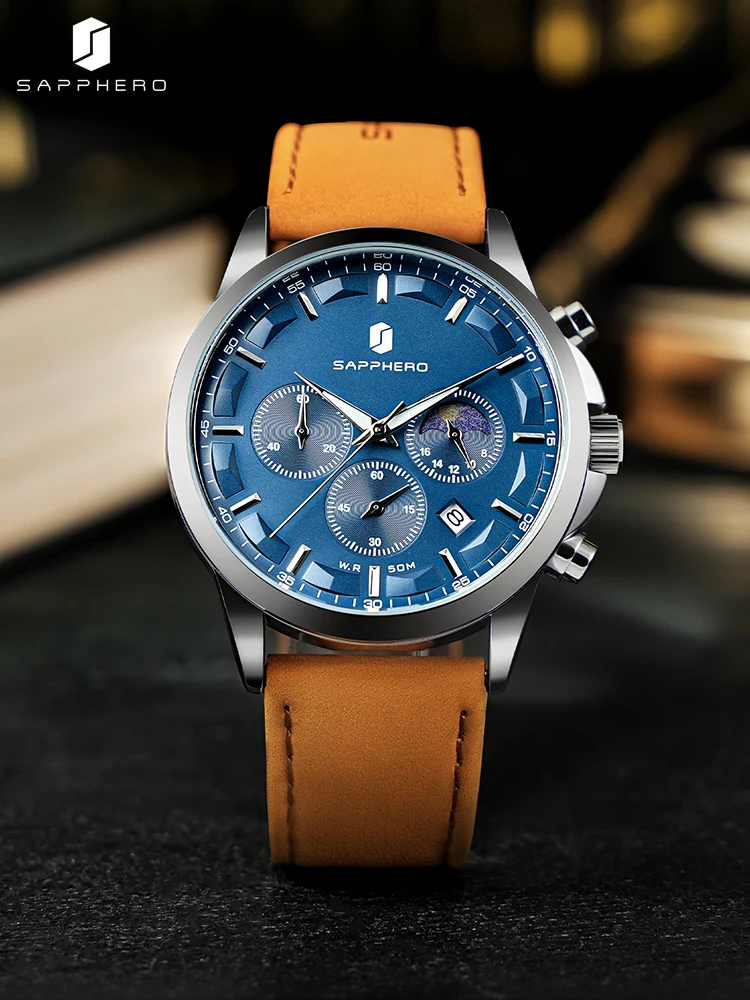 

Мужские деловые часы SAPPHERO, кожаный ремешок, водонепроницаемый дизайн, функция секундомера, отображение даты, мужские часы, необходимое для путешествий