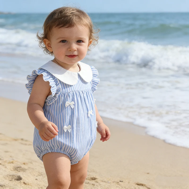 

Новинка 2023 года, летний комбинезон для новорожденных девочек, хлопковый комбинезон без рукавов в полоску в корейском стиле, одежда для маленьких девочек 0-24 месяцев