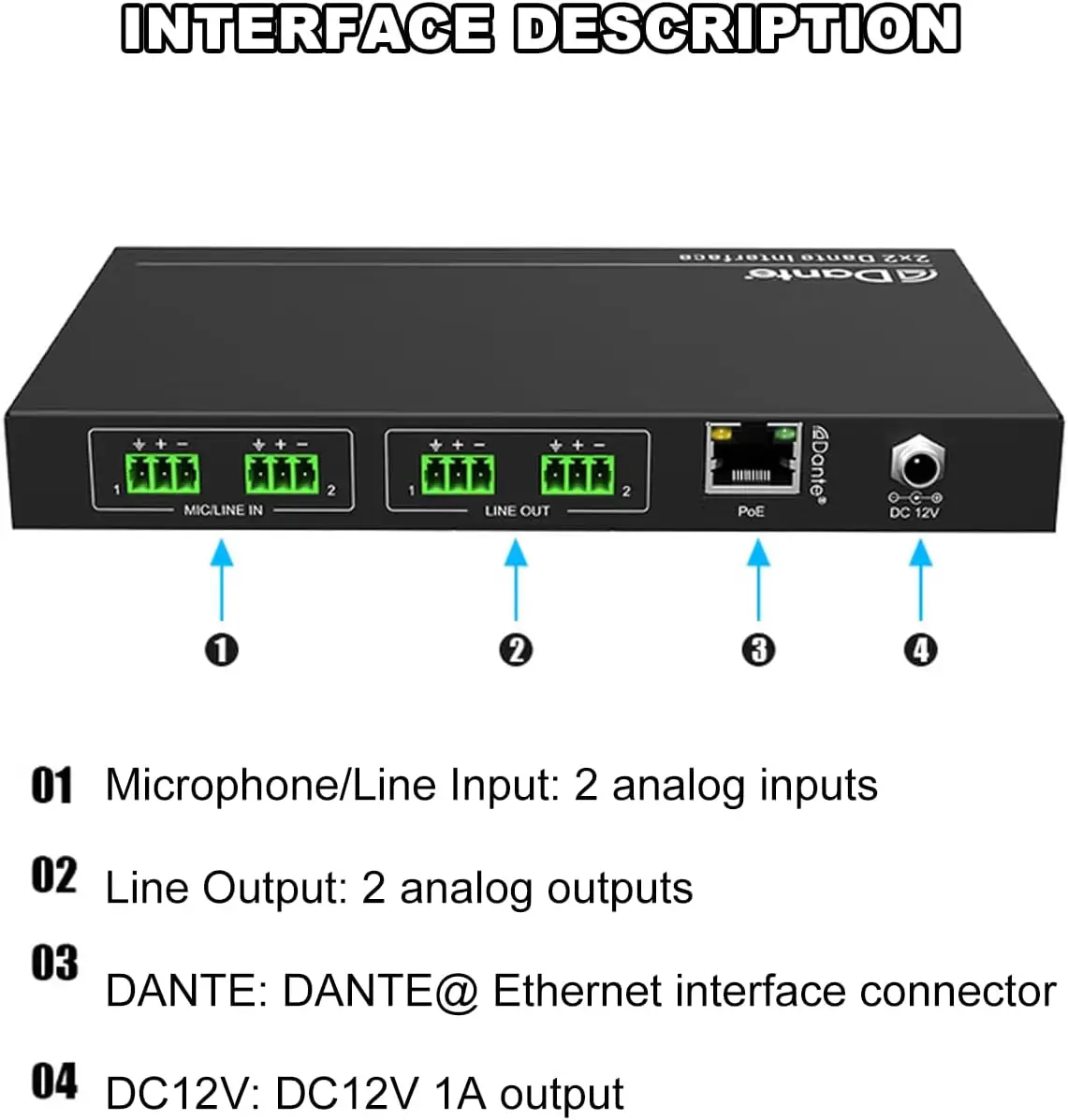 Adaptador Bidireccional Analógico Dante AVIO de 2 x 2 Canales, Conversor de Entrada/Salida de Audio Audinate Dante Controlado por Controlador Dante