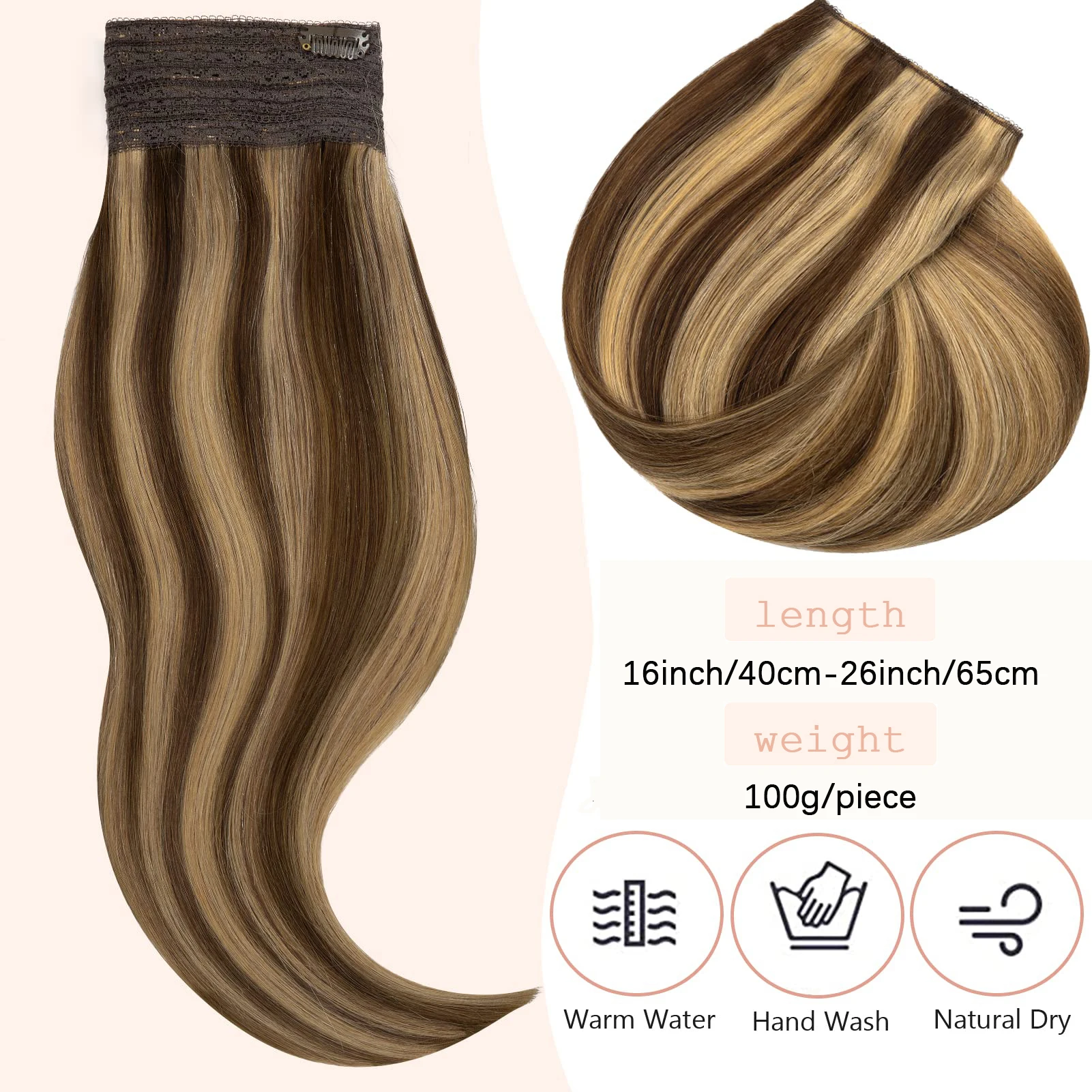 Straight Fish Line Hair Extensions 4 Clips In Hairpiece Highlight Natural Hair Extensions  Bundles Real Human Hair Color #P4-27