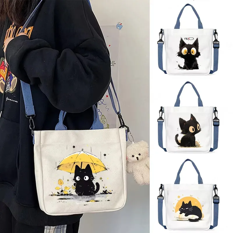 أنيمي القط المطبوعة الكرتون حقائب كروسبودي حقيبة كتف واحدة قماش طالب Kawaii الحيوان الفتيات حمل الحقائب النسائية حقيبة كروسبودي #1