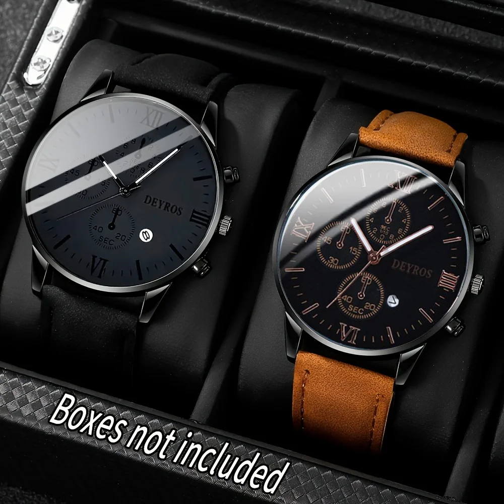 2pcs New Personalized Fashion Calendar Style Luxury Men'S Faux Leather Watch Strap Quartz Watch Set Back-To-School Season