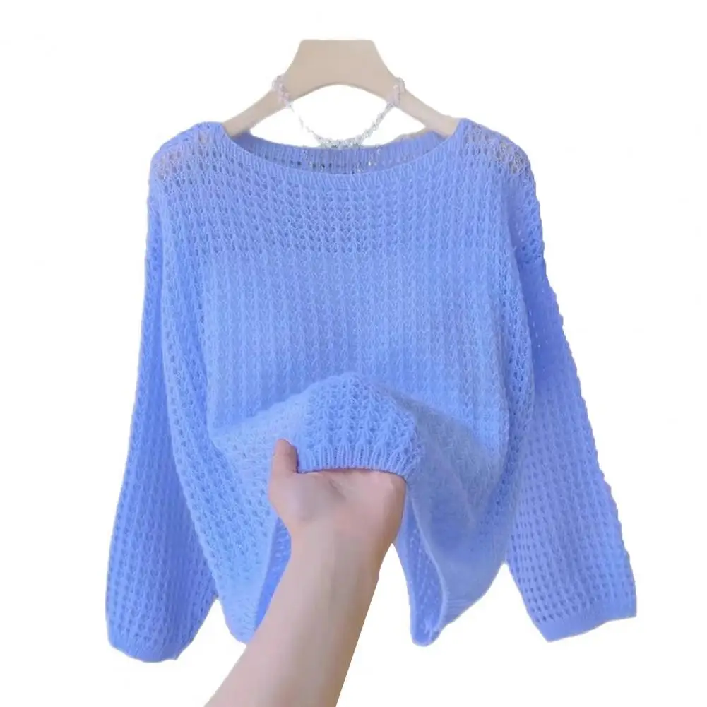 Lightweight Summer Tops Women Loose Tops Women’s One-shoulder Knitted Blouse Loose Fit Hollow Long Sleeve Top Summer Thin Sun