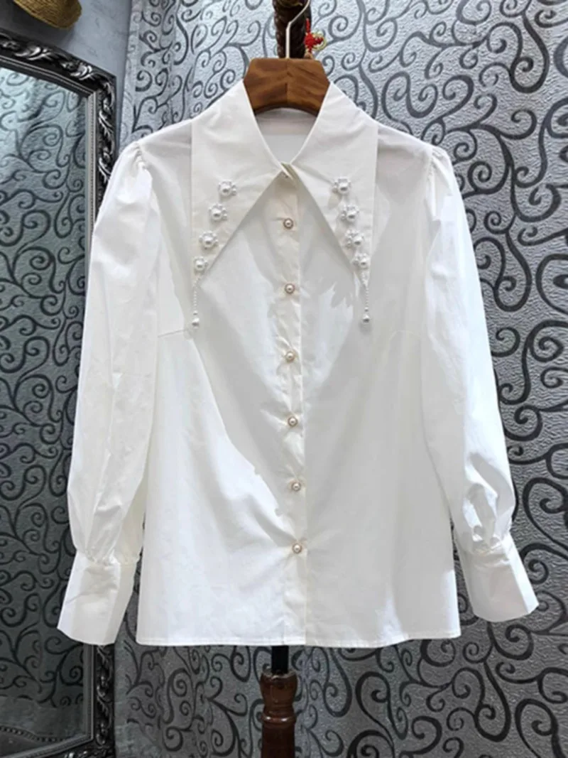 

Turn Down Collar Beading Design Sense Vintage Shirts Blusas Mujer De Moda 2024 Spring Single-breasted Women Clothing Blouses