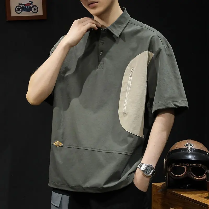 

Retro Interposer Bag Polo Shirt Short-sleeved T-shirt Men's Loose Summer Thin Lapel Half-sleeved