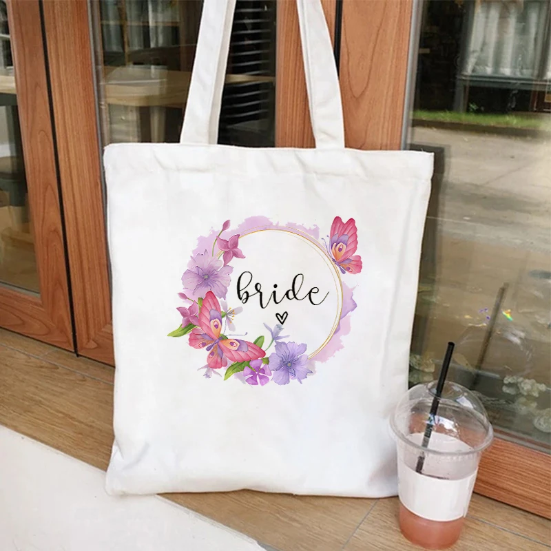 Team Bride Squad Shopping Bag Woman Single Farewell Bachelorette Hen Party Tote Bags Bridal Flower Wreath Wedding Shoulder Bag