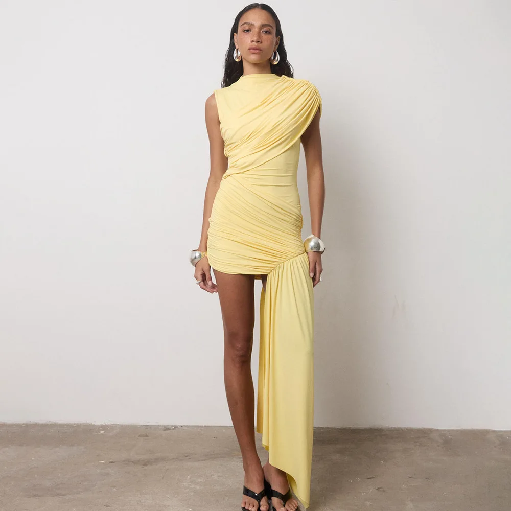 2026 Women's Summer New Fashion Slim Fit Round Neck Ruched Bodycon Asymmetrical Sleeveless Sexy Dress Luxury Elegant Femme