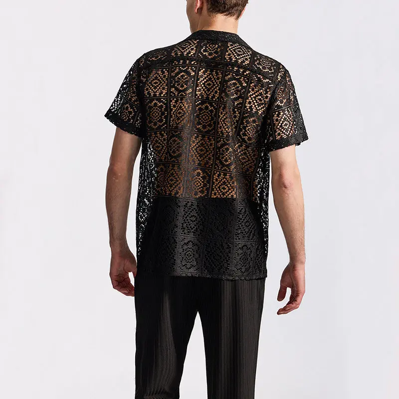 Disco King Shirt for Men: Sparkling Lace Short Sleeve with Lapel, 70s Retro Button Down Top for Nightclub & Stage Performance