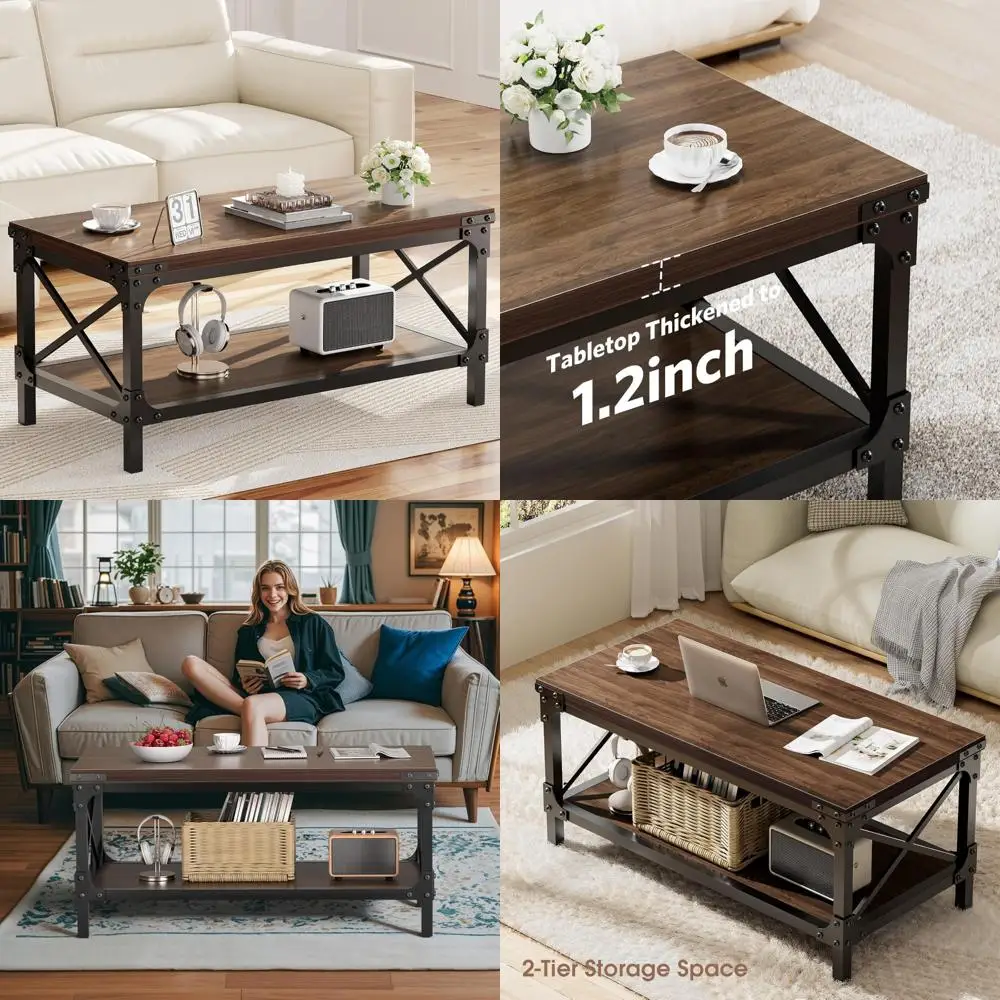 

Modern Dark Brown 2-Tier Rectangular Wooden Coffee Table for Living Room