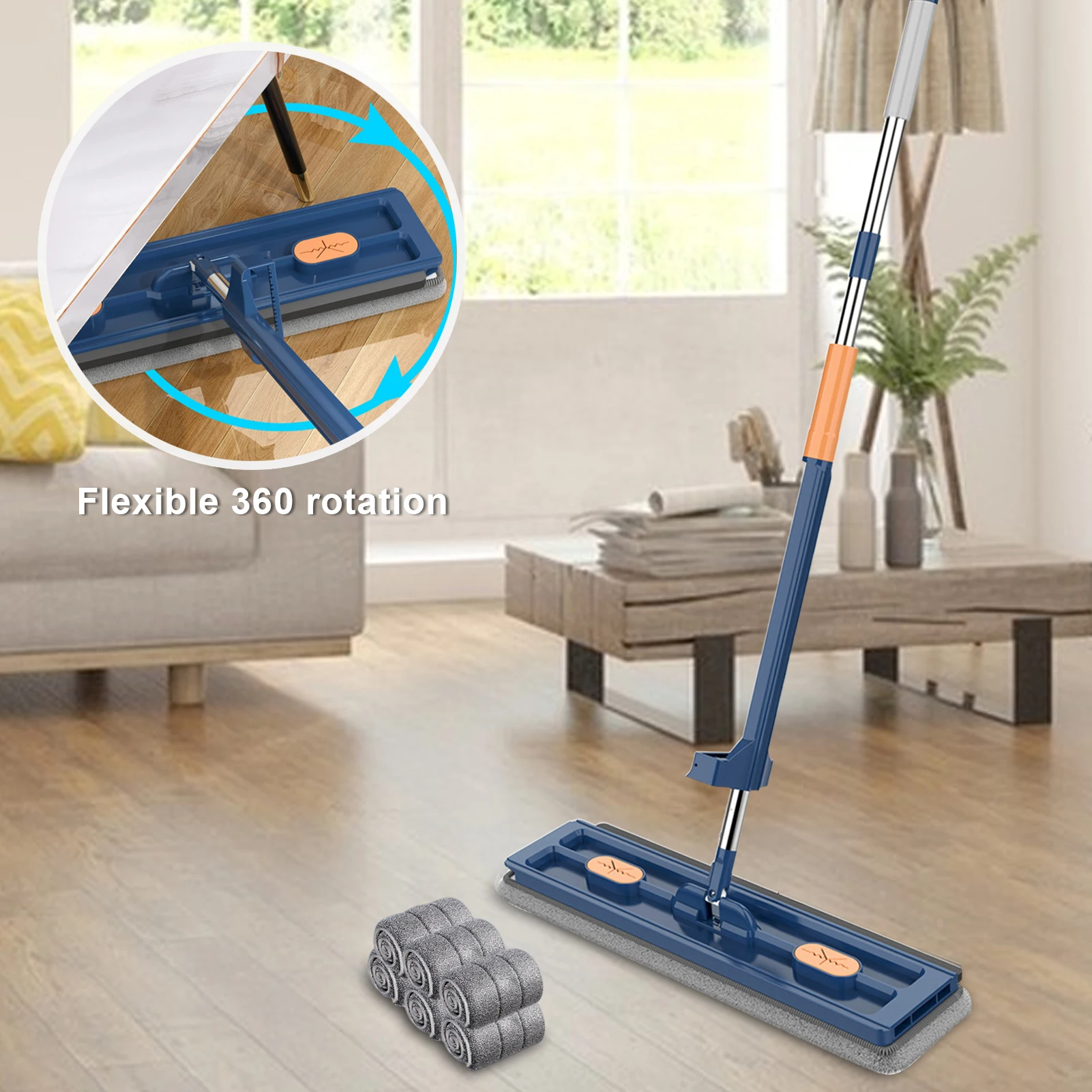 

Large Flat Mop with 6 Microfiber Pads Stainless Steel Ergonomic Design Long Handle Drain Scraper 360 Rotation Floor Mop