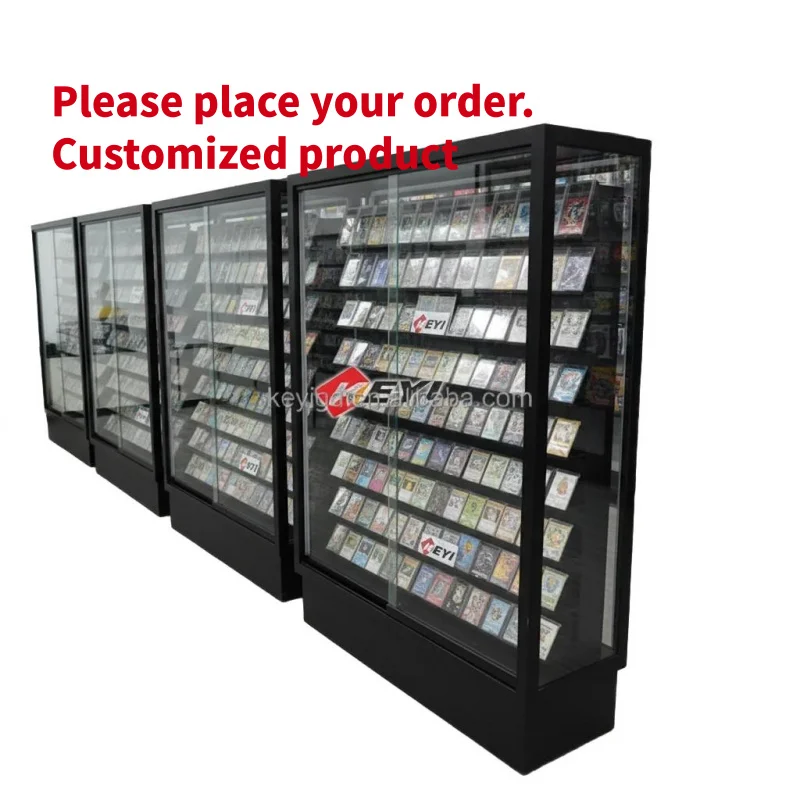 custom.Double Sided Aisle Tempered Glass Sliding Lockable LED Display Cabinet TCG Trading Cards Sport Baseball Card Display Stan