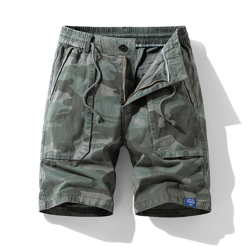 Sports Camouflage Printed Casual Shorts Summer Straight Basic Men's Clothing Elastic Safari Style Stylish Drawstring Knee Pants