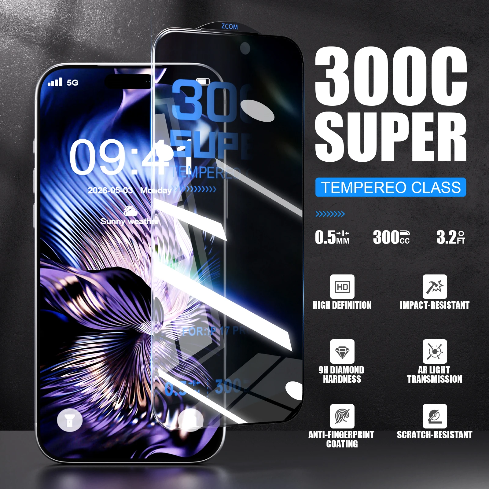 1-5 PIÈCES Film de protection en verre trempé ultra-large 300c sans bords pour Apple iPhone 17 16 15 14 13 Pro Max 17e 16e 14 Plus Anti-espionnage