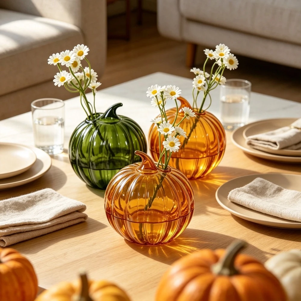 Creative Pumpkin Glass Flower Vase Multi Color Decorative Vase for Flowers Desktop Home Party Decoration