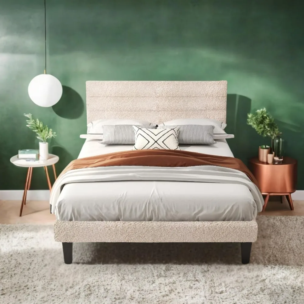 

Twin Bed Frame for Kids,Boucle Upholstered Platform Bed with Adjustable Headboard,Sturdy Wood Slats Support,Cloud Single
