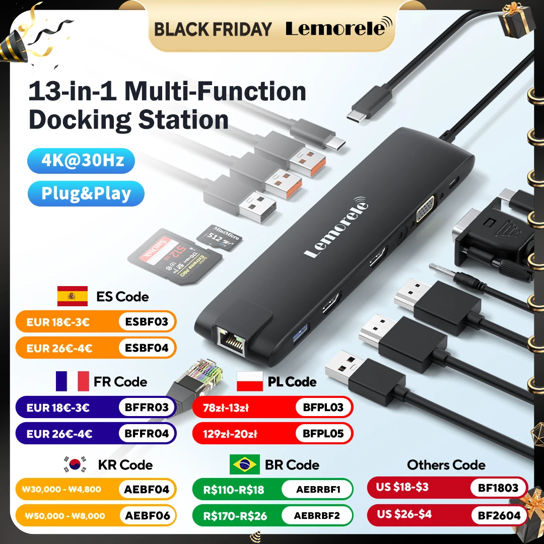 

Lemorele TC96 USB Hub 3.0 Док-станция Type-C к 4K HDMI RJ45 PD 100 Вт 3,5 мм SD и TF USB 3.1 для Windows MacOS Ноутбук lenovo