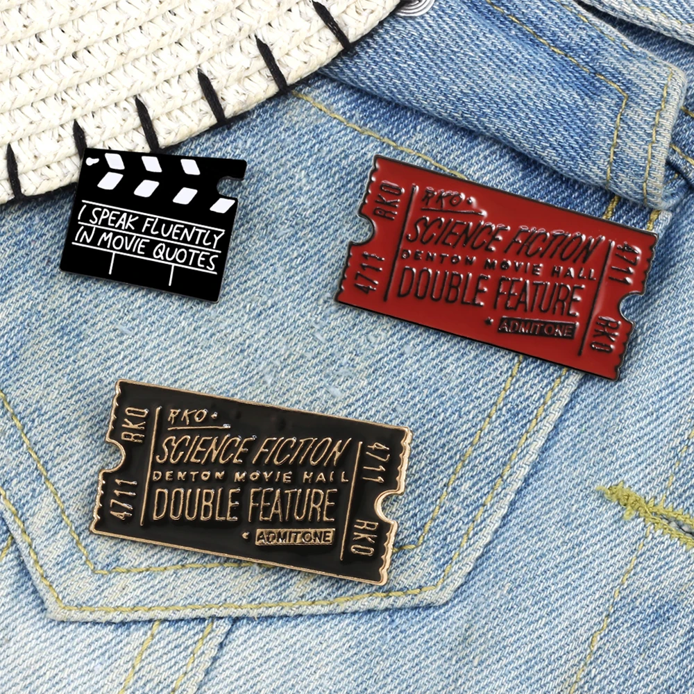 Clapperboard Movie Ticket Enamel Pins Movie Scene Board Rocky Horror Science Fiction Black Red Badge Lapel Brooch For Women Men