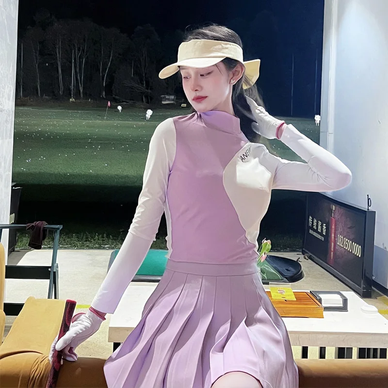 2023 Spring New Golf Wear For Women\'s Clothing Set Round Neck Long-Sleeved Purple Sports Pleated Skirt Slim Fit T-Shirt Golf Hat