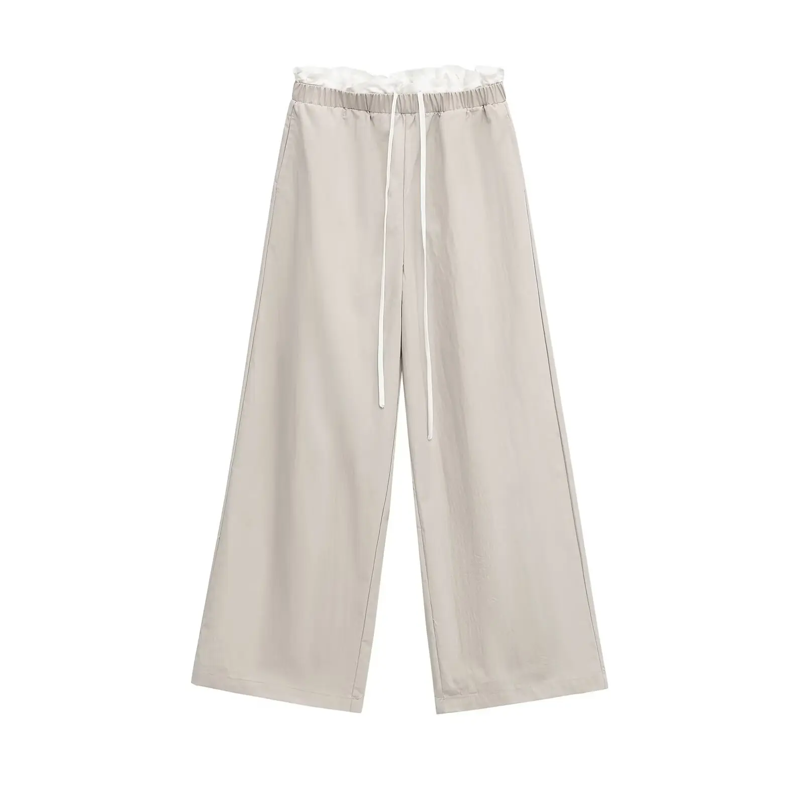 

PB&ZA2025 New Summer Women's Casual Temperament Simple Contrast Color Stitching Elastic Waist Drawstring Wide Leg Trousers