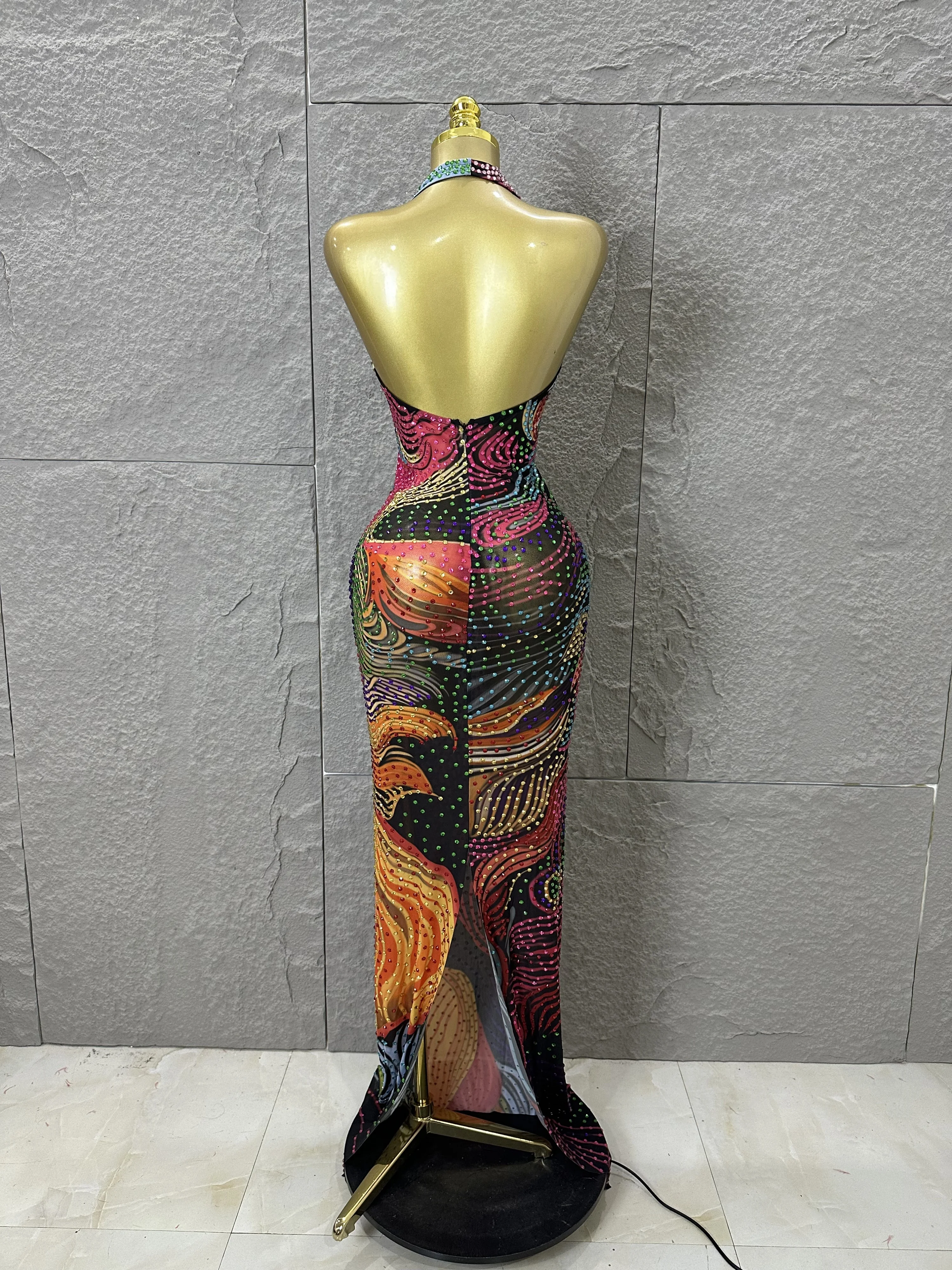2026 Colorful Rhinestone Print Long Dress Woman Halter Deep V Neck Backless Wom… - Image 4