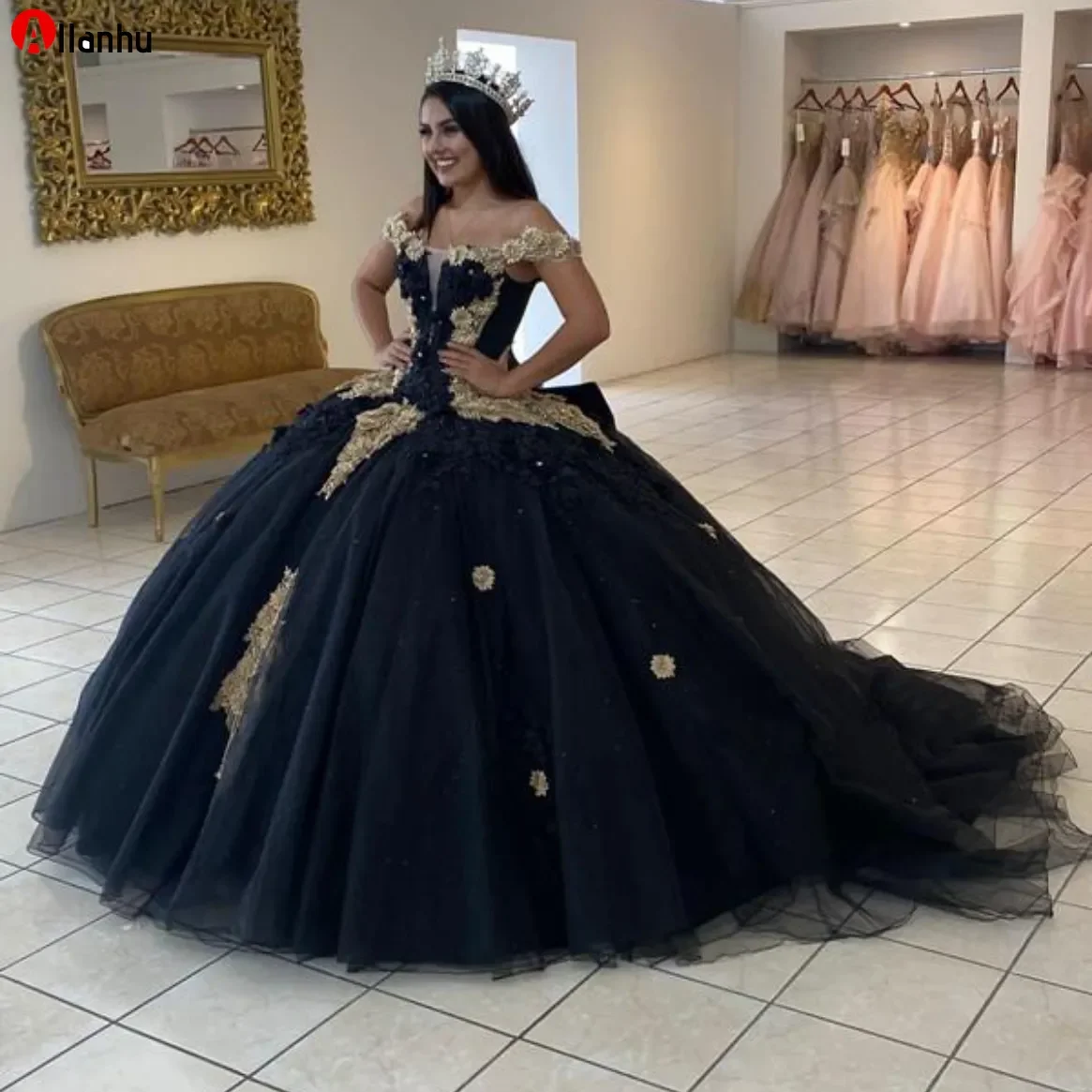 Schillerndes schwarzes Ballkleid Quince anera Kleider appliziert Perlen von der Schulter Prinzessin Abschluss ball Party süße 16 Kleid Vestidos