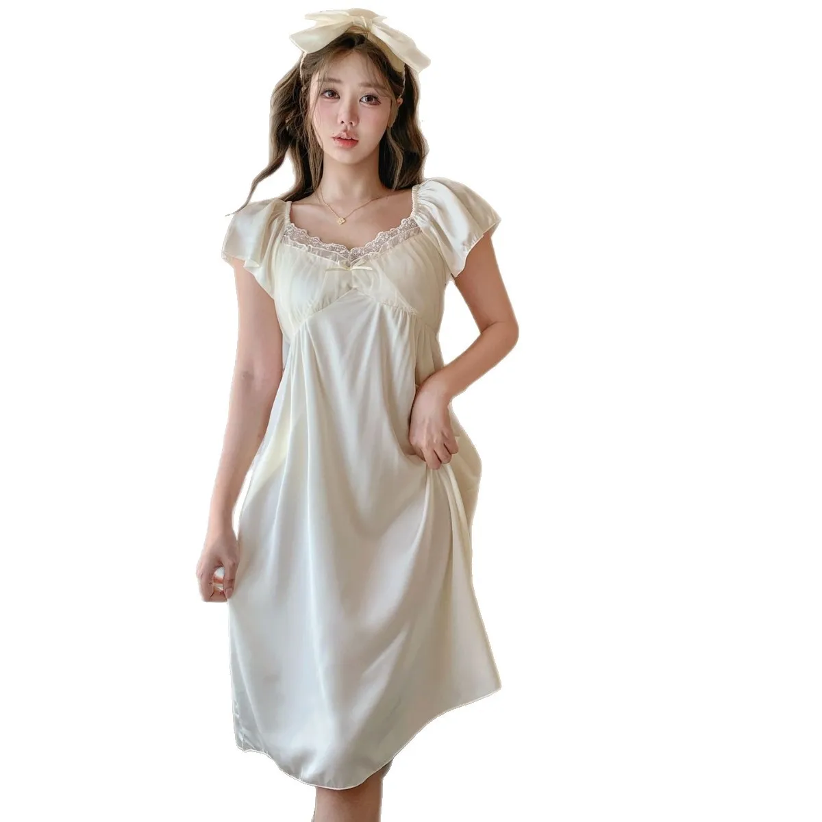 Sweet French Women's Nightgown Home Dressing Gown Sexy Patchwork Lace Nightdress Loungewear Silky Satin Sleepwear Nightwear - view 6