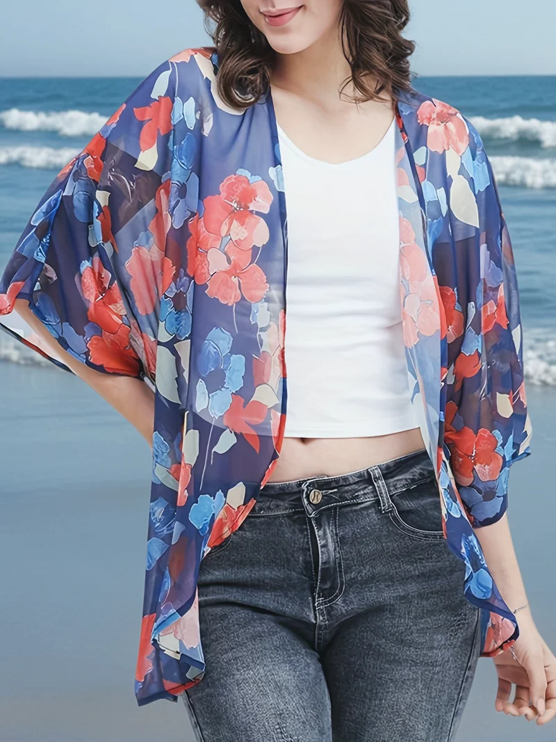 

MOXDO Chiffon Cover-Up Top with 3/4 Sleeves: Casual Resort Style for Sun Protection at the Beach, Pool, or Seaside