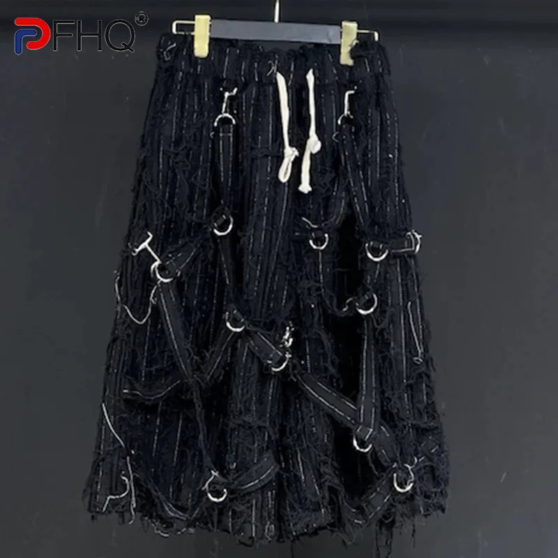 

PFHQ Men's Rough Edge Denim Shorts Summer 2024 New Tide Elastic Waist Floating Rope Darkwear Advanced Personality Design 21Z5020