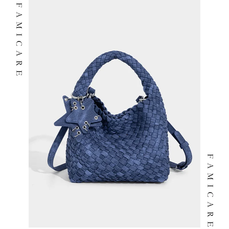 

2025 New Denim Woven Bucket Tote Spacious Shoulder Handheld Bag PU Leather Casual Unique Color-Blocking Messenger Small Handbag