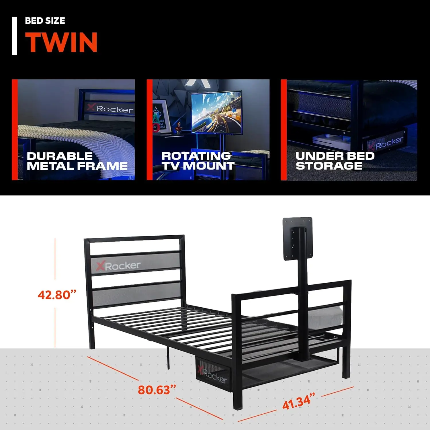 Twin Size Gaming Bed, Rotating TV Mount with Vented Console Storage, Metal Mesh Frame with Slats, Black