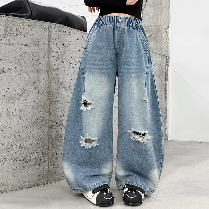 Teenage Girls Fashion Loose Hole Jeans for 4-15 Yrs Streetwear Street Ripped Denim Pants for Kids Clothes School Girls Trousers