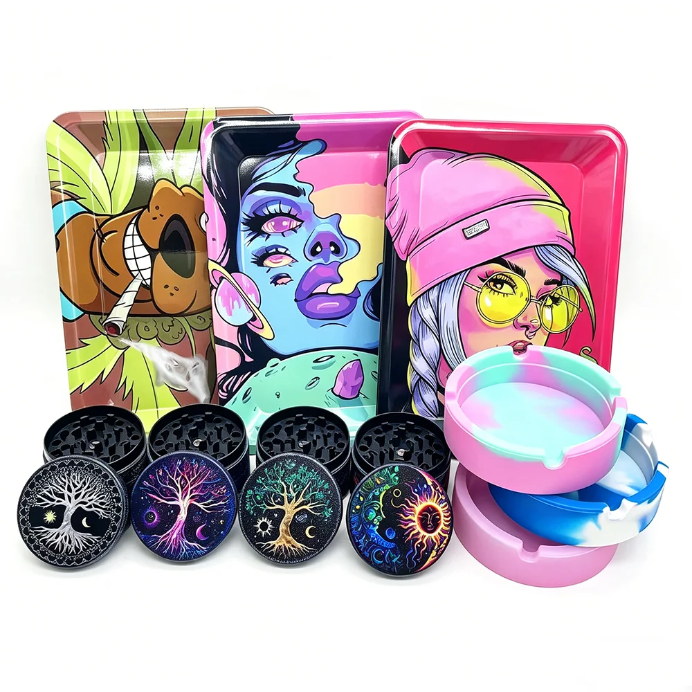 50mm Herb Grinder Set Metal 18x12.5cm Rolling tray Silicone Ashtray 4 layers Manual Mortar Crusher Kit Smoking Accessories